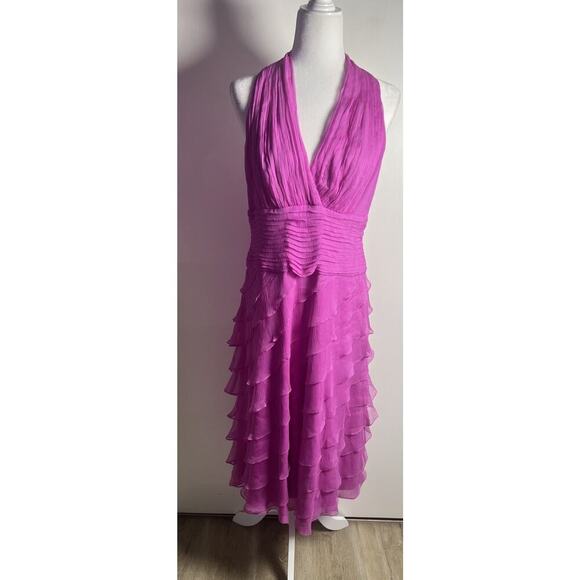 Tadashi Collection Size 12 Pink Silk Ruffles Evening Event Formal Halter Dress - Picture 1 of 14